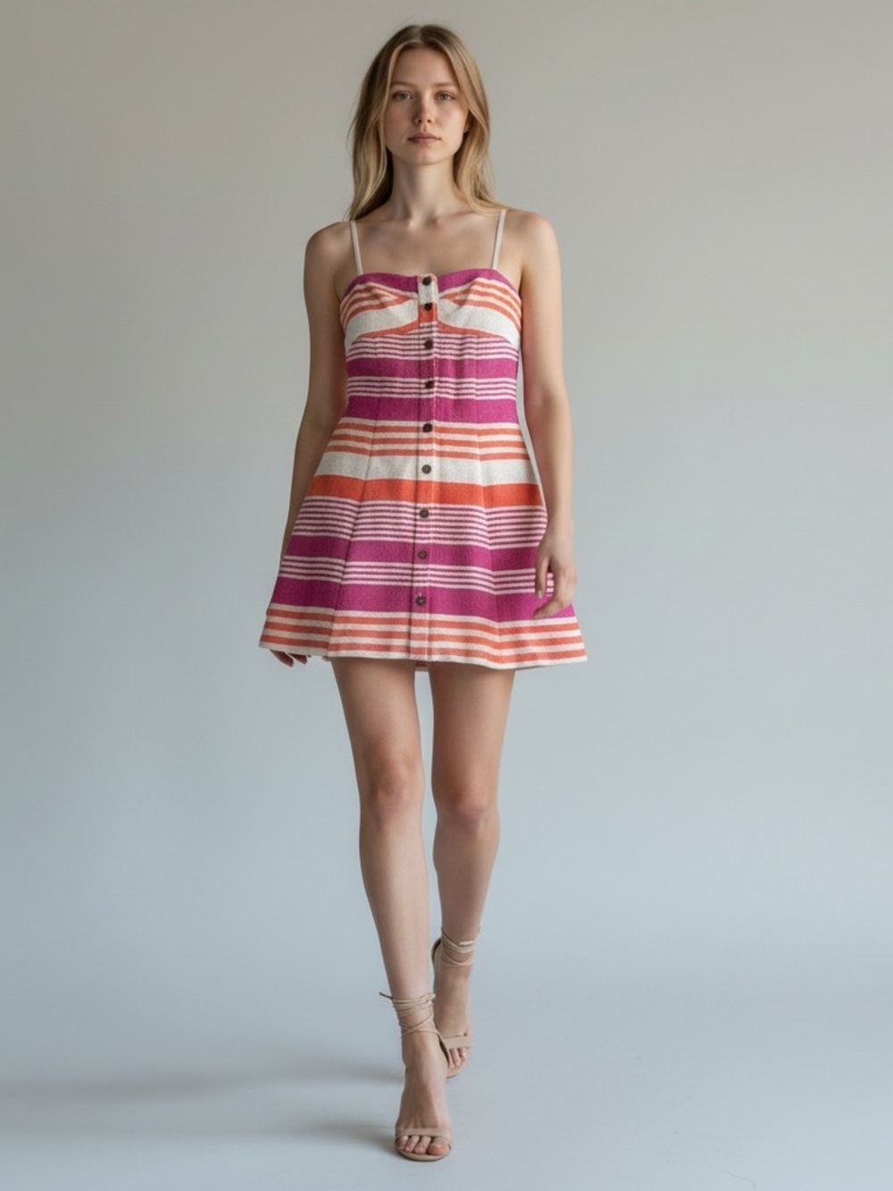 HUTCH Pink Orange Striped Button-Front Mini Dress 4 Spaghetti Strap Summer Party